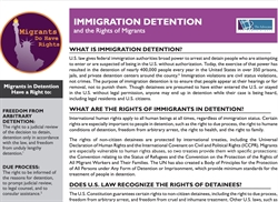 [ai] A flyer titled "Immigration Detention and the Rights of Migrants" outlining the rights of immigrants in detention. It highlights issues of arbitrary detention, due process, and international human rights standards applicable to detainees.